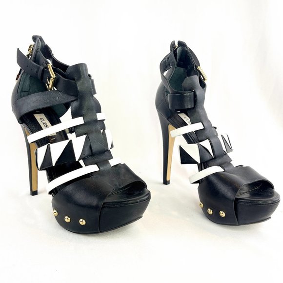 Guess Black / White  Geo + Gold Studs High Heel Cage Platform Stilettos - Picture 1 of 6